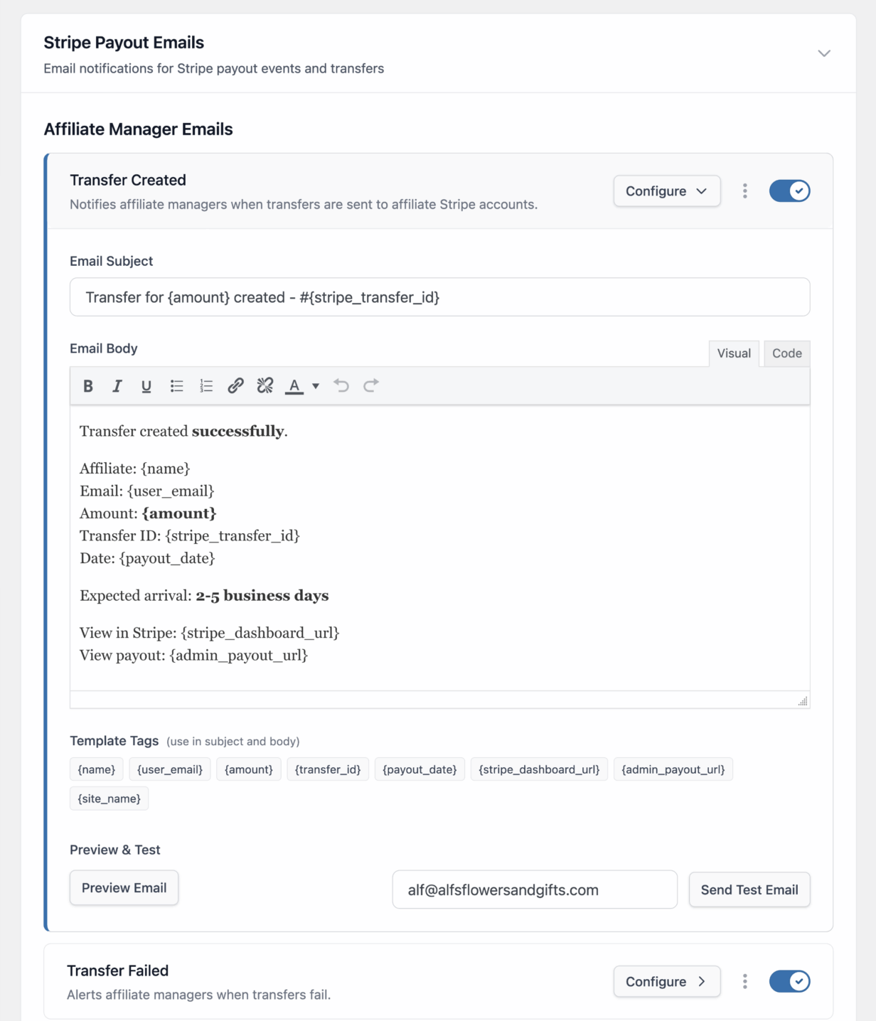 AffiliateWP's Emails tab showing an email from Stripe Payouts