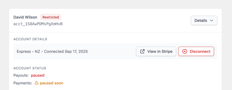 The Stripe Payouts details on an affiliate's edit screen