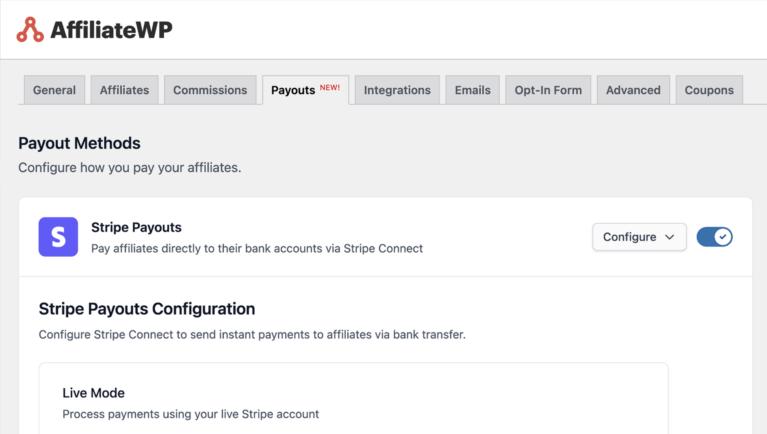 AffiliateWP's new Payouts tab showing Stripe Payouts option