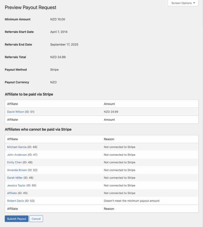 Preview Payout admin screen showing affiliates who can and cannot be paid via Stripe payouts
