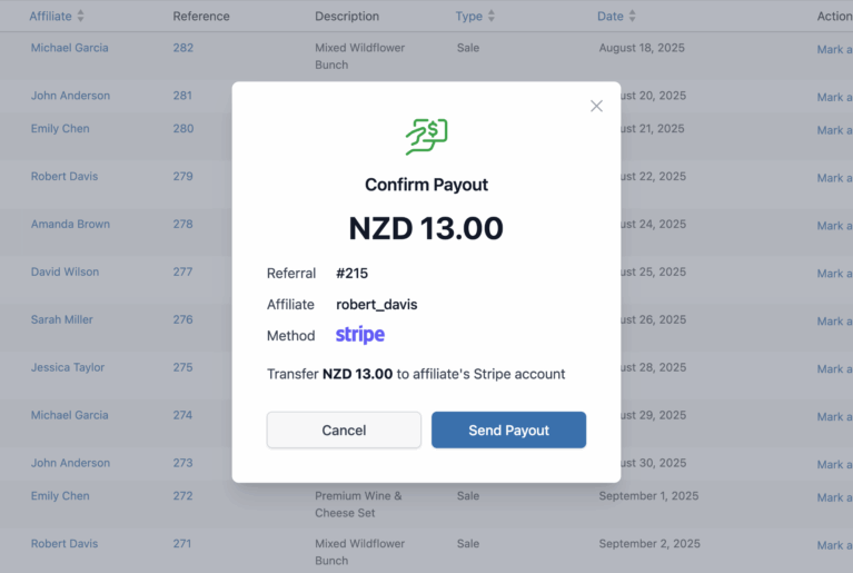 Confirm Payout modal with real-time Stripe account validation
