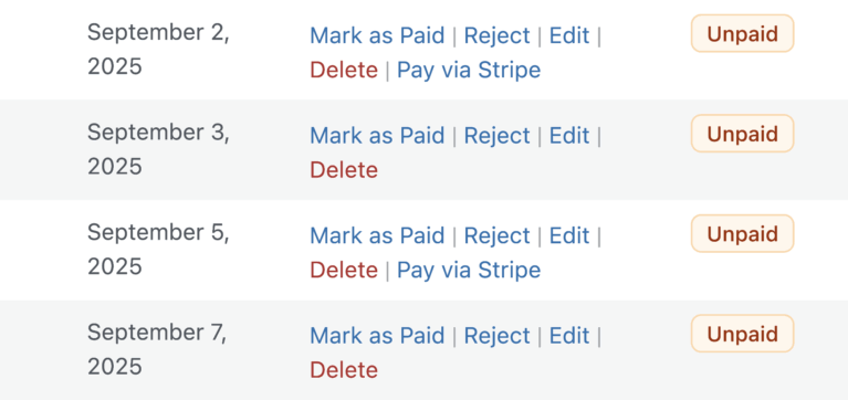 Referrals screen with "Pay via Stripe" action links for instant payments