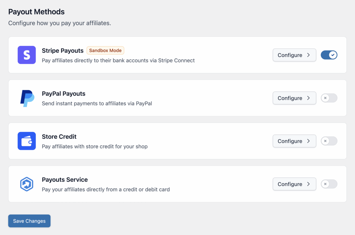 Payout Methods inside of AffiliateWP