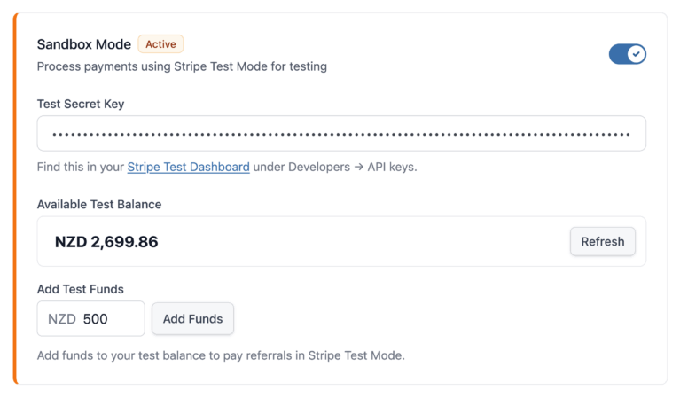 Sandbox Mode panel for Stripe Payouts